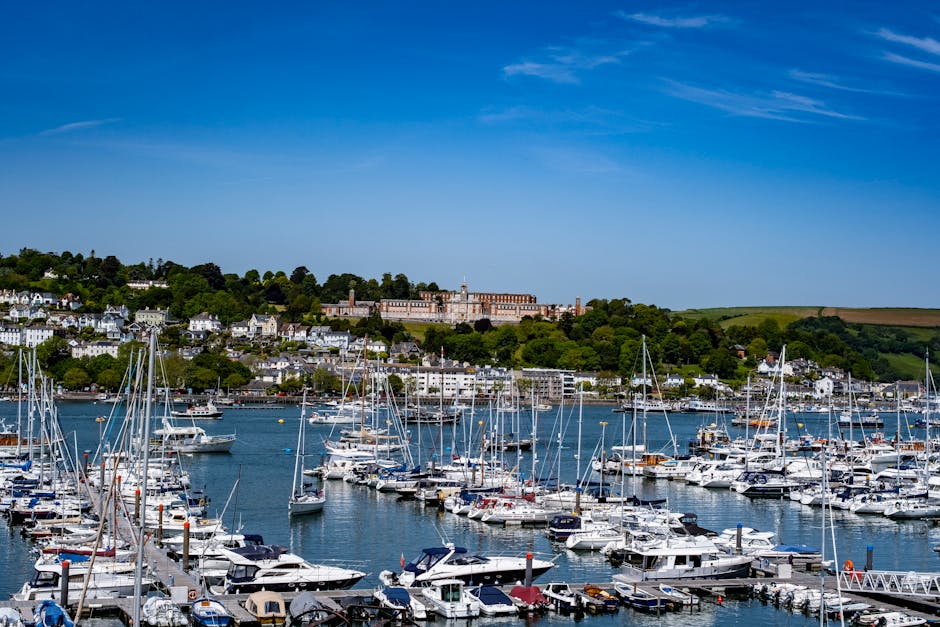 A panoramic view of a marina with numerous white motorboats and sailing yachts docked in calm waters, their masts rising vertically and some covered with protective fabric. The boats are moored along